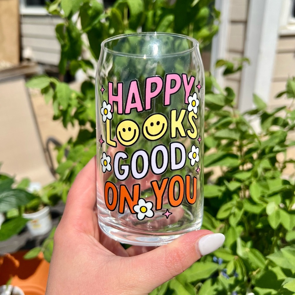 Custom Iced Coffee Cups, Glass Tumblers | Happy Looks Good on You | Dog Mama